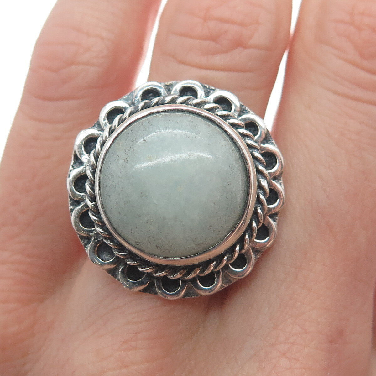 925 Sterling Silver Vintage Real Jade Flower Oxidized Ring Size 7.25