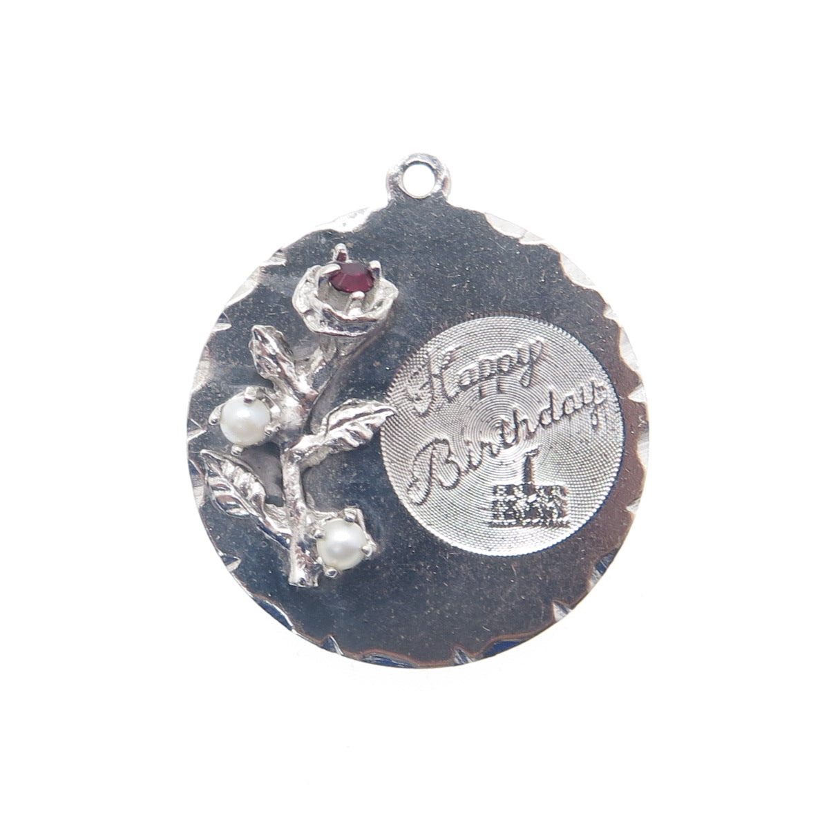 TOWN & COUNTRY 925 Sterling Vintage Real Pearl Rhinestone Happy Birthday Pendant