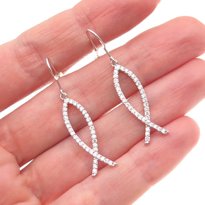 925 Sterling Silver Round-Cut C Z Pisces Zodiac Sign Dangle Earrings