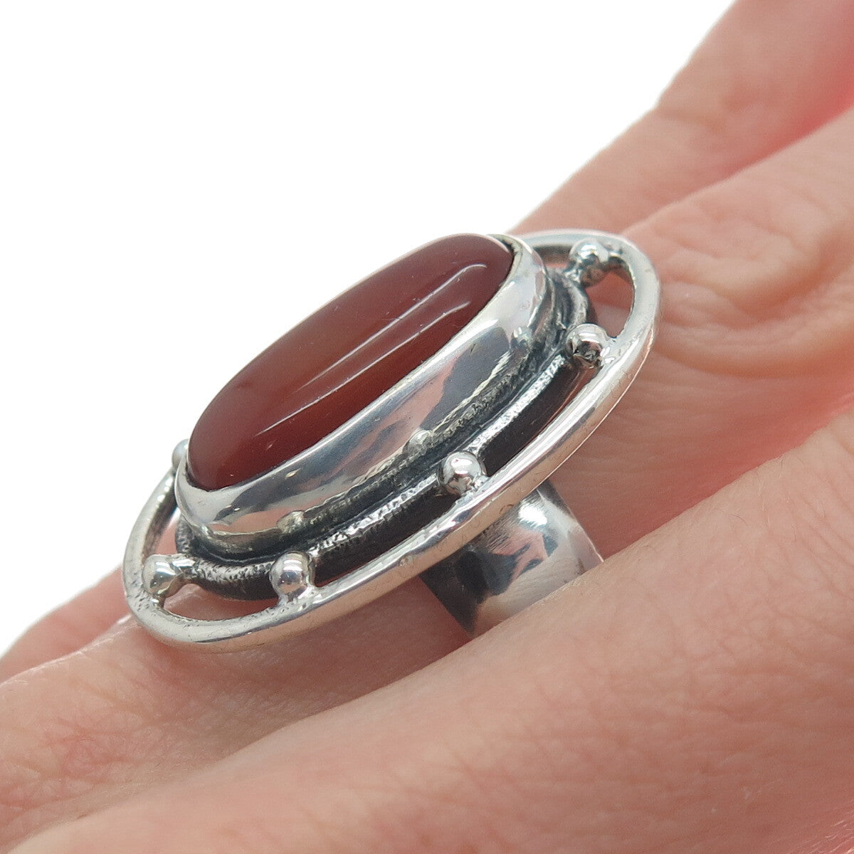 925 Sterling Silver Vintage Real Carnelian Modernist Oxidized Ring Size 8.75