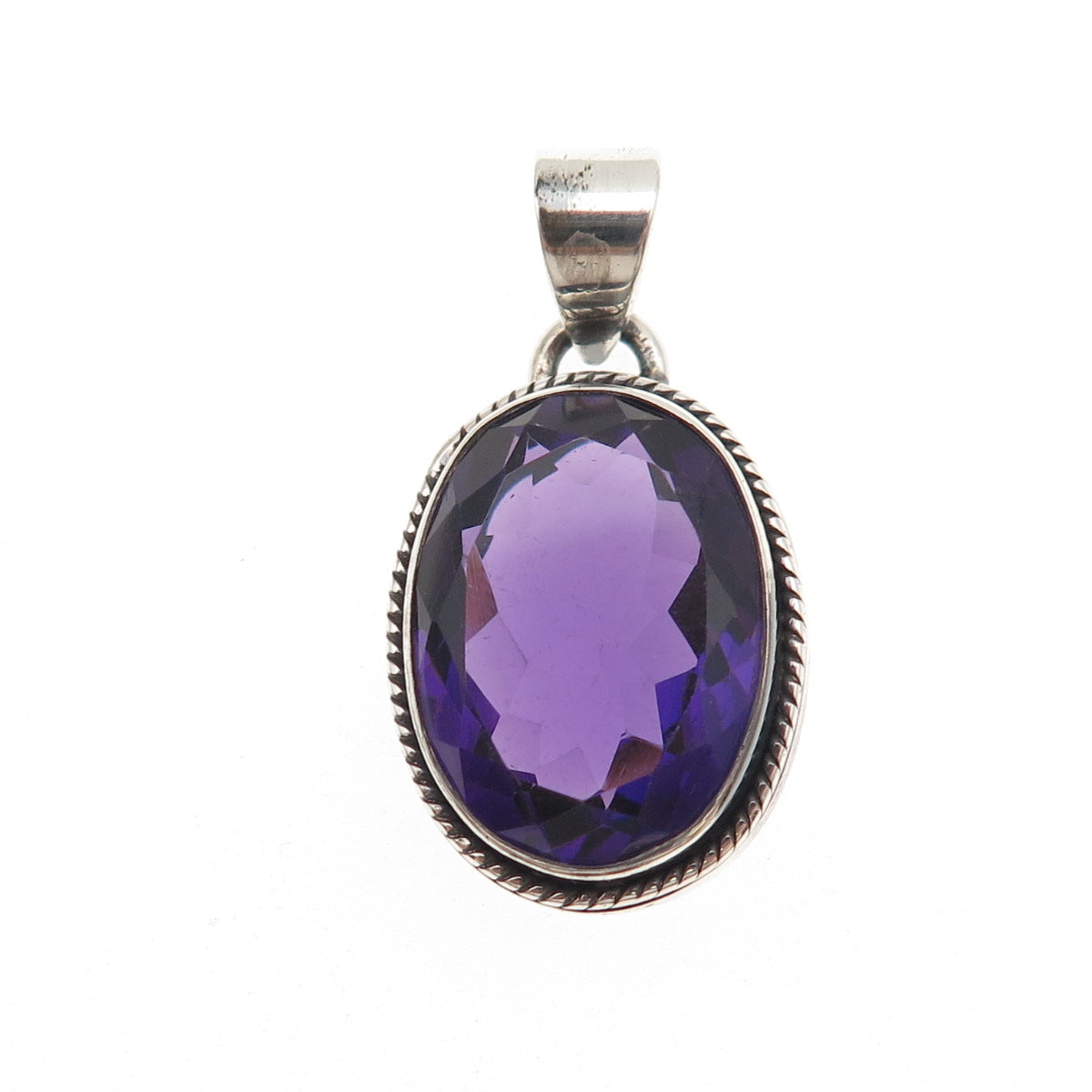925 Sterling Silver Vintage Real Oval-Cut Amethyst Charm Pendant