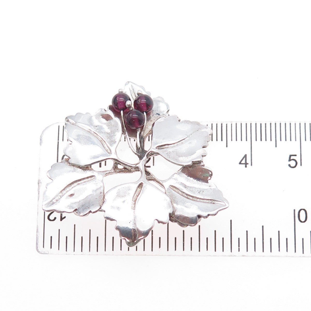 925 Sterling Silver Vintage 1986 Real Rhodolite Modernist Floral Pin Brooch