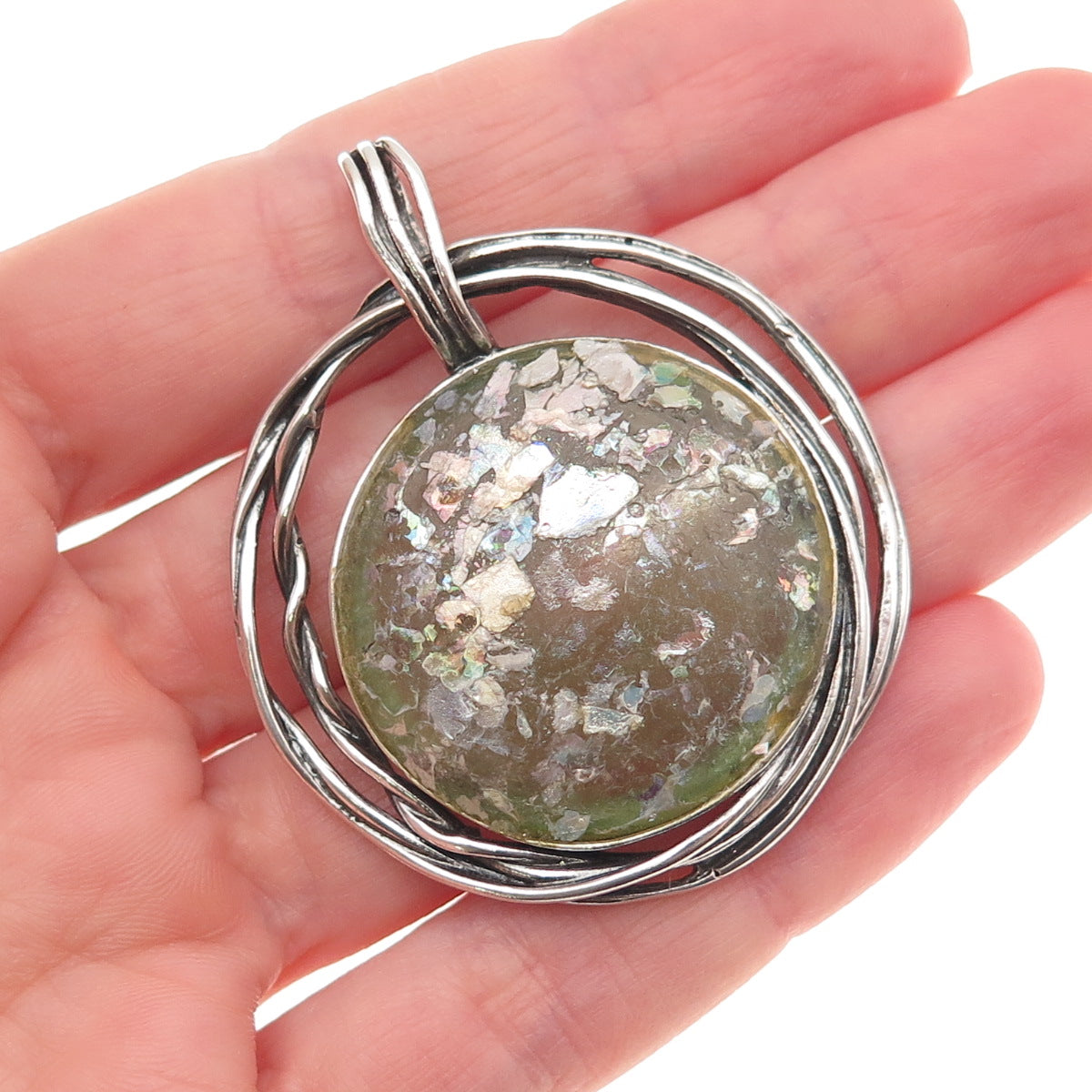 Luli Hamersztein & Revital Sterling Silver Vintage Israel Roman Glass Pendant
