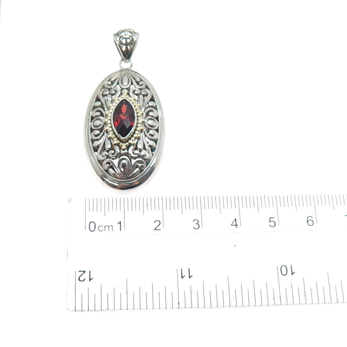 ART'S ELEGANCE 925 Sterling Silver 14K Gold Vintage Real Red Garnet Pendant