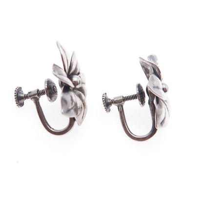 925 Sterling Silver Antique Art Deco Flower Oxidized Screw Back Earrings