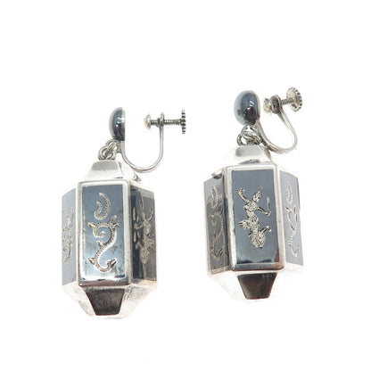 925 Sterling Silver Antique Siam Niello Hindu Goddess Screw Back Dangle Earrings