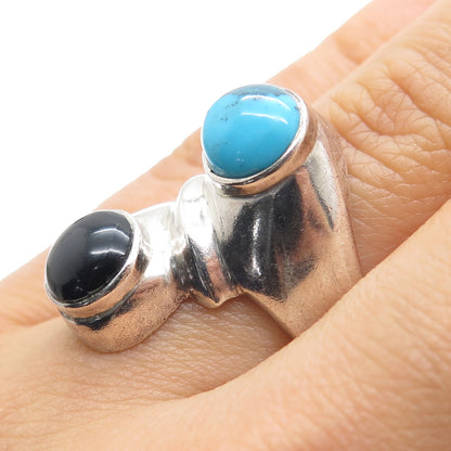 925 Sterling Silver Vintage Mexico Real Turquoise & Black Onyx Ring Size 7.5