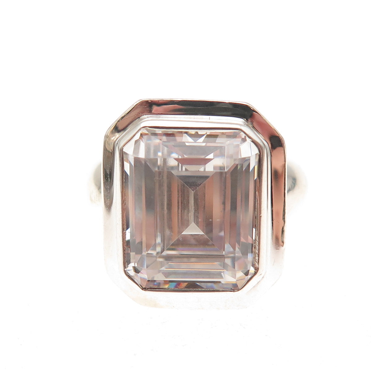 925 Sterling Silver Vintage Emerald-Cut C Z Engagement Ring Size 6