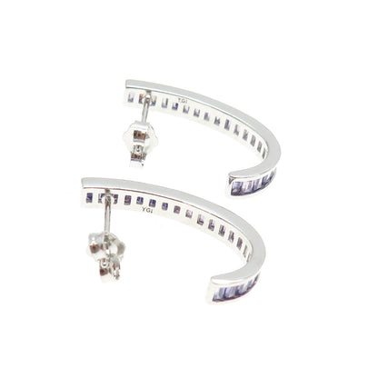 925 Sterling Silver Baguette-Cut Purple C Z Claw Earrings