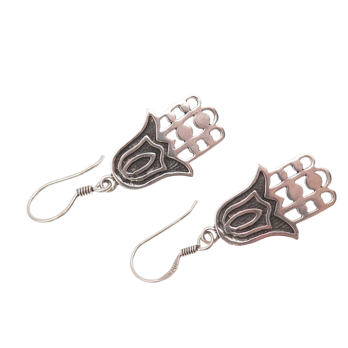 925 Sterling Silver Vintage Tulip Floral Hamsa Amulet Oxidized Dangle Earrings