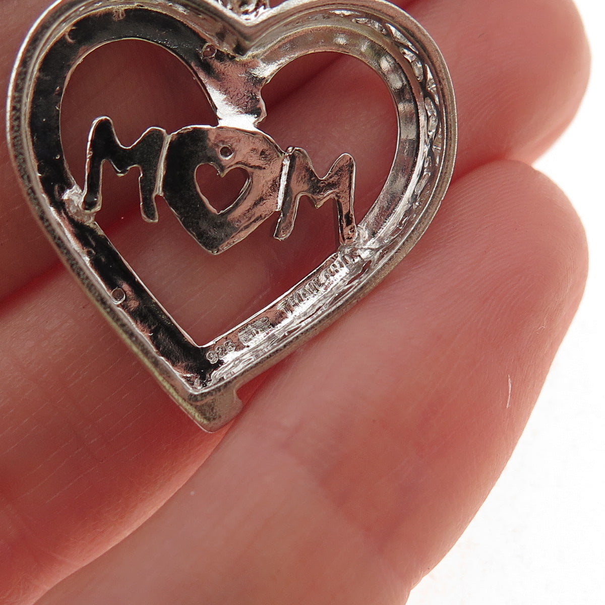 925 Sterling Silver Real Round-Cut Diamond Mom Heart Charm Pendant