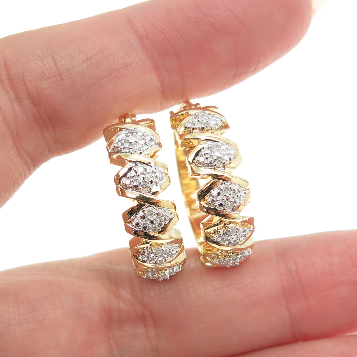 HN HENG NGAI 925 Sterling Silver Gold Plated Real Diamond "X" Link Hoop Earrings