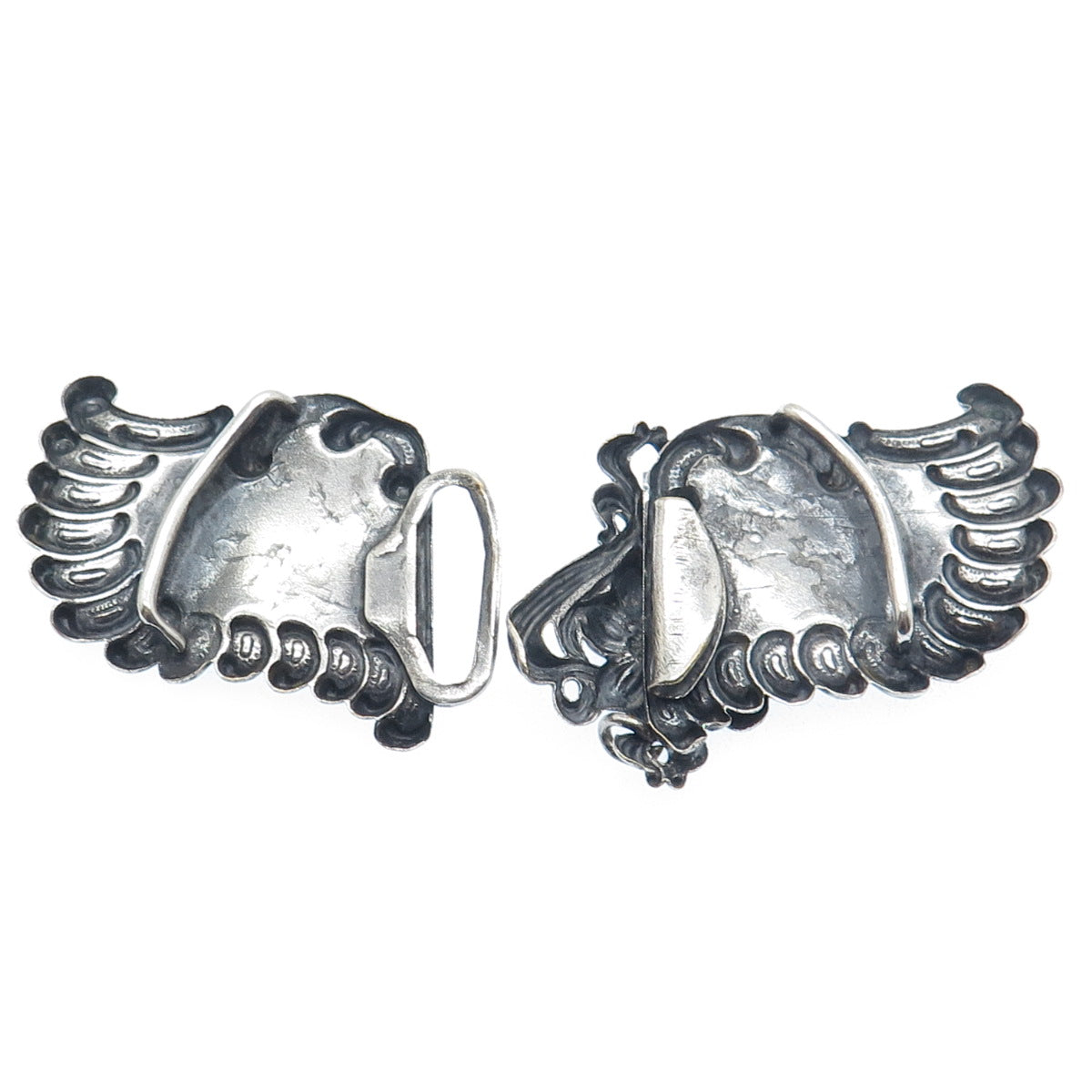 Silver-Tone Antique Art Deco Repousse Flower & Wings Oxidized Belt Buckle