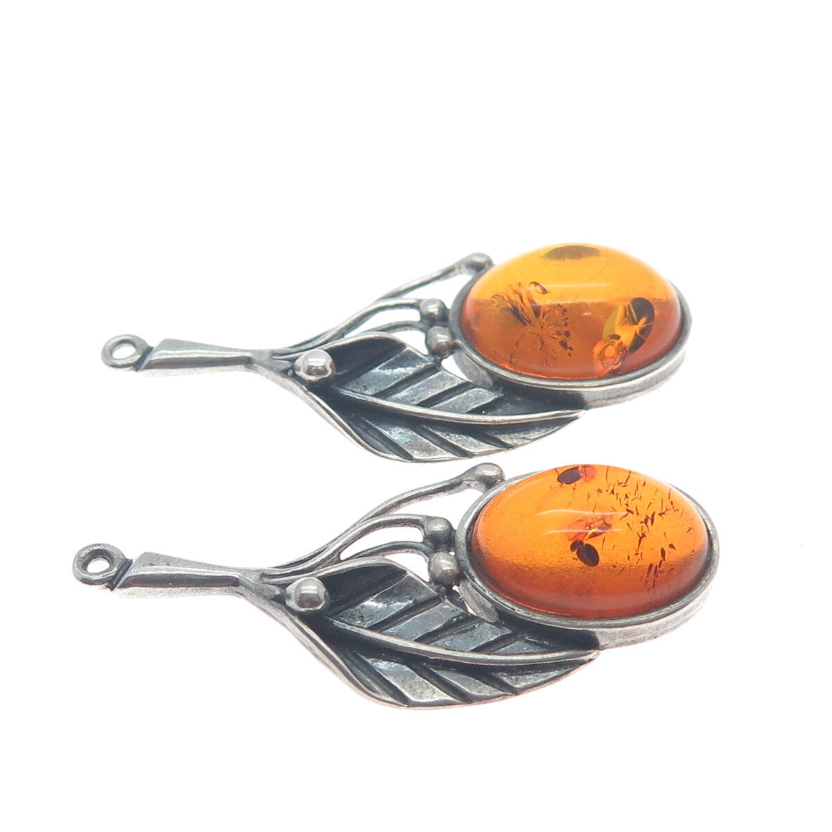 925 Sterling Silver Vintage Real Baltic Amber Leaf Oxidized Jacket Earrings