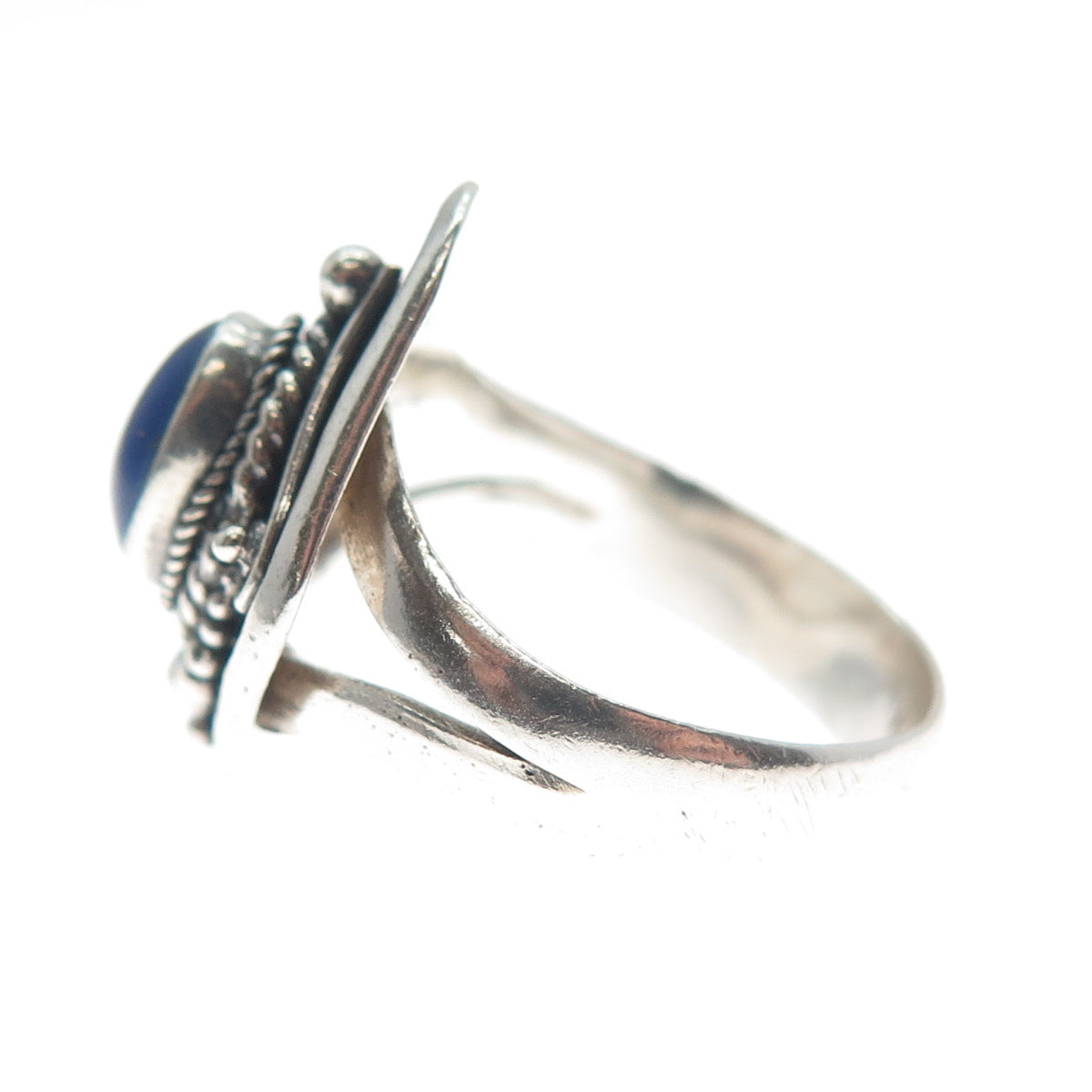 925 Sterling Silver Vintage Real Lapis Lazuli Gem Beaded Oxidized Ring Size 6.5