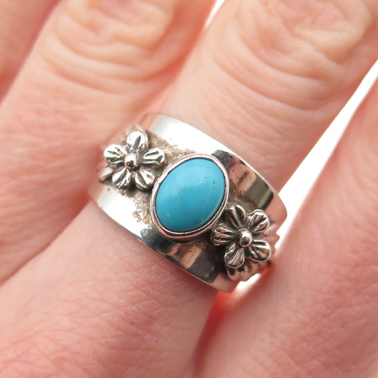 Carol Felley Sterling Silver Vintage 1985 Real Turquoise Floral Ring Size 7.25