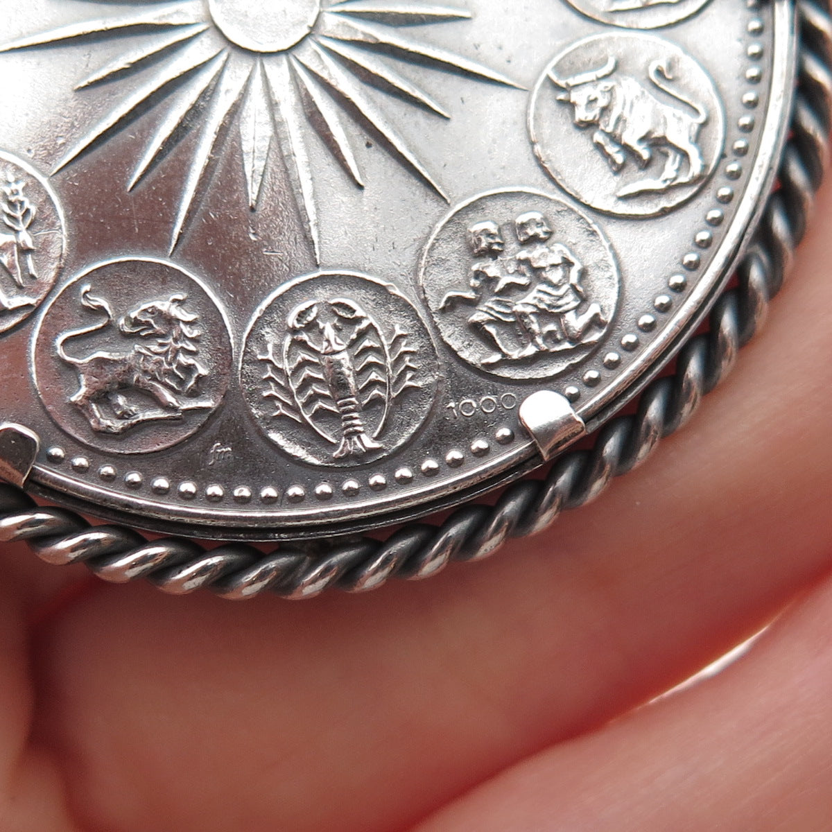 925 Sterling Frame & 1000 Silver Coin Vintage St. Christopher Zodiac Pendant
