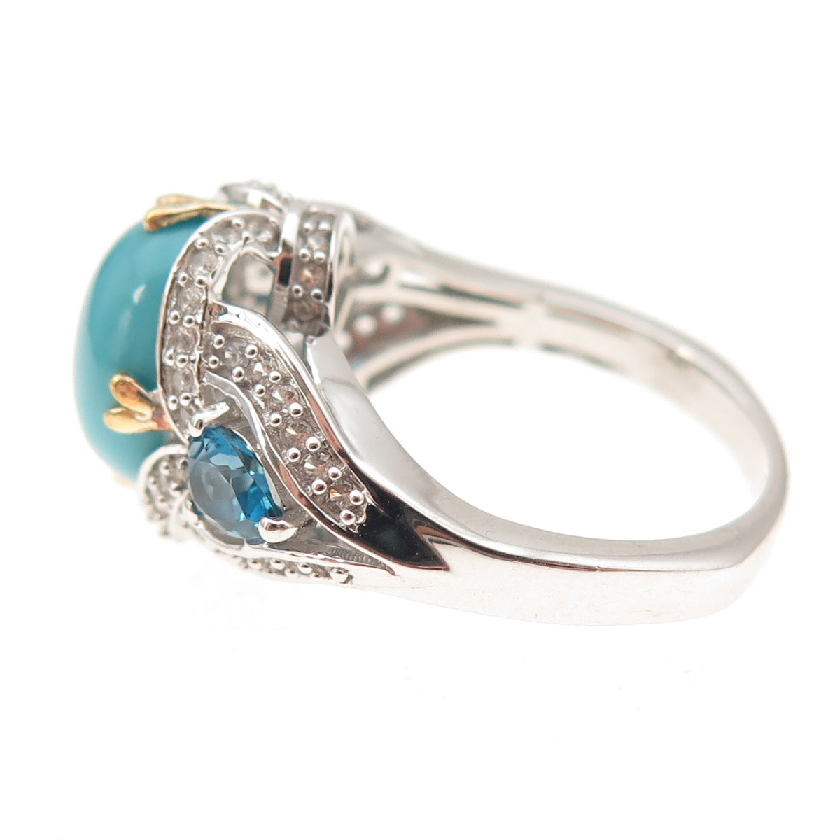 925 Sterling Silver 2-Tone Real Turquoise Blue & White Topaz Ring Size 8.25