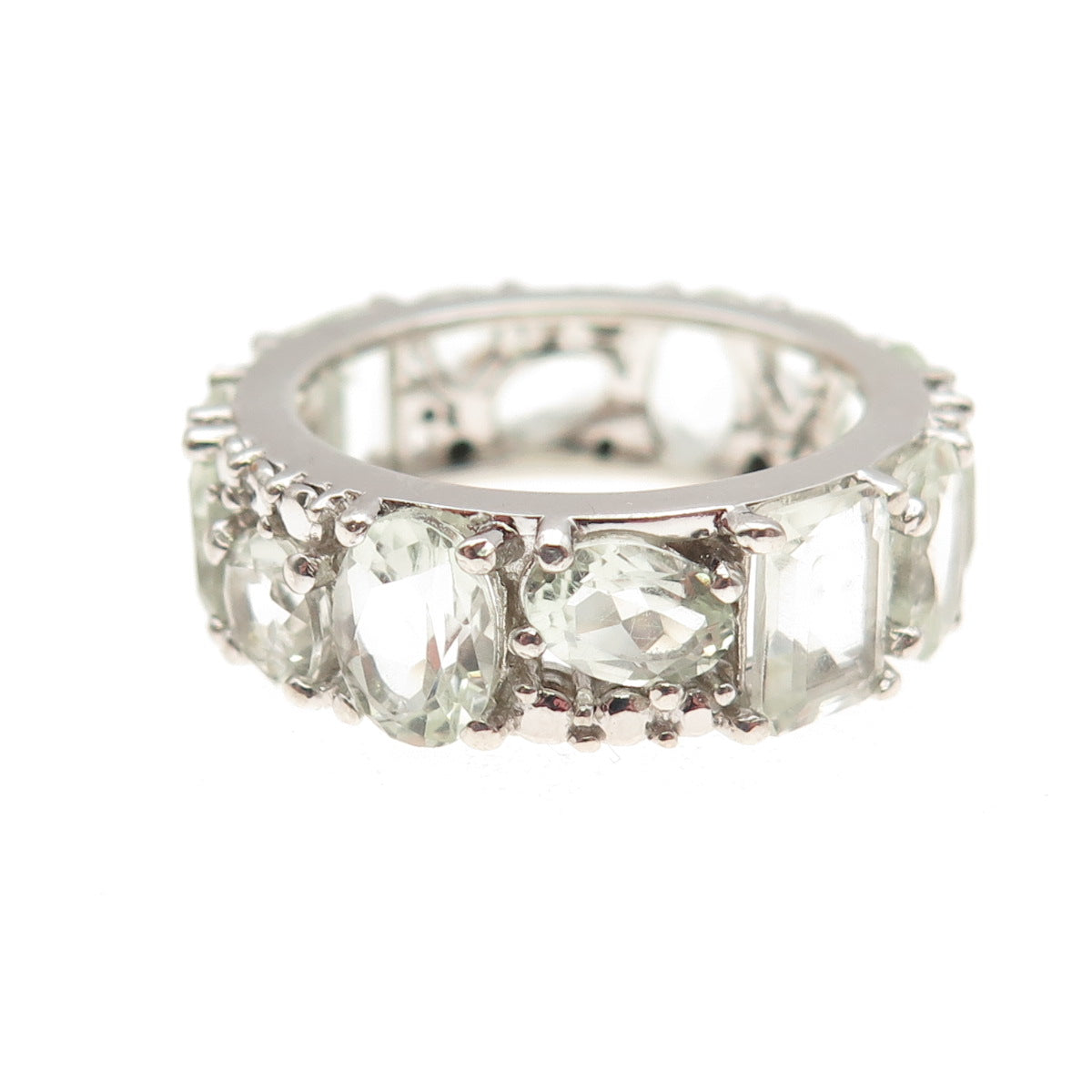 925 Sterling Silver Real Multi-Cut Green Amethyst Cluster Band Ring Size 8.25