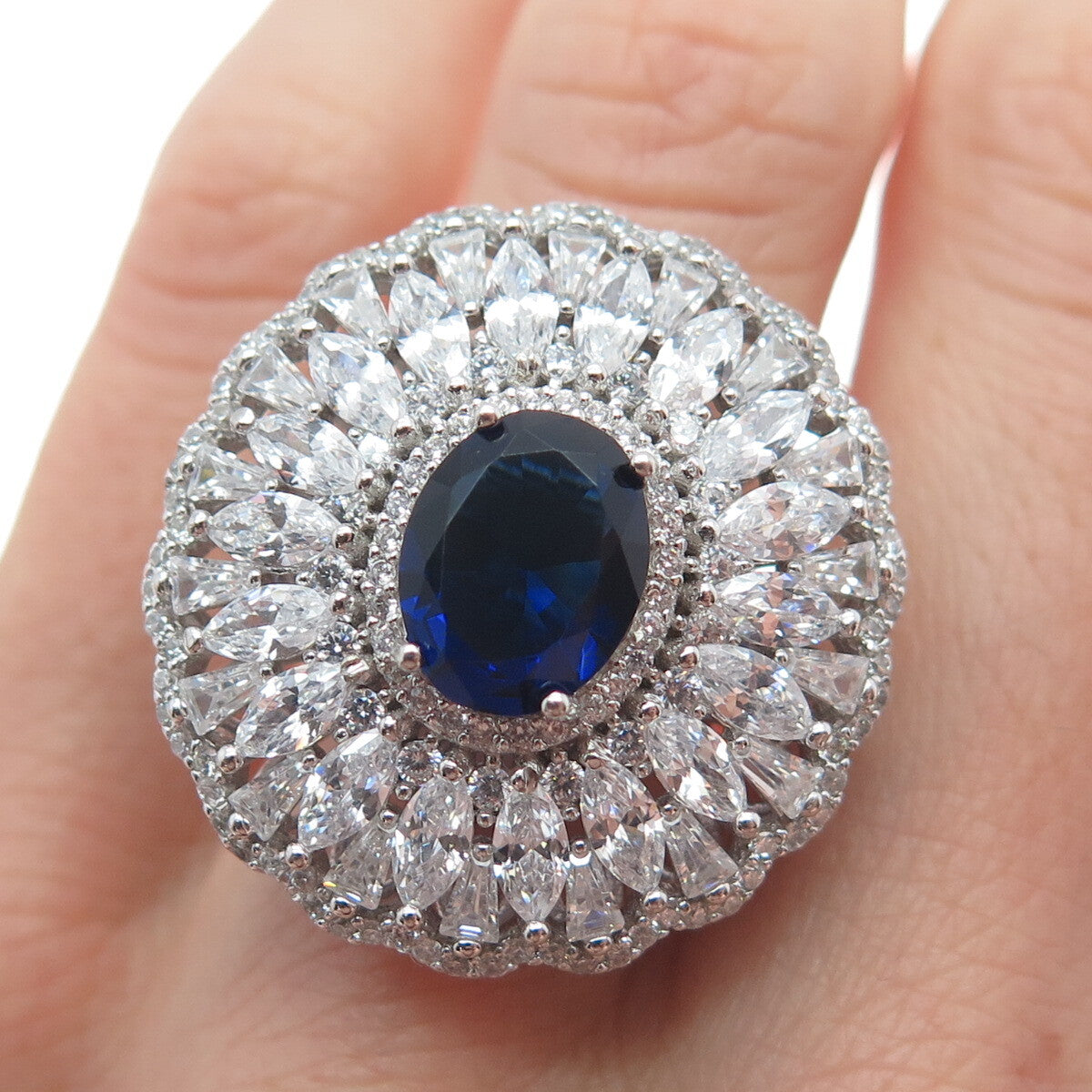 DSMK 925 Sterling Silver White & Blue Multi-C Z Cluster Statement Ring Size 7.25