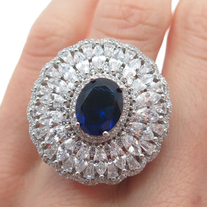 DSMK 925 Sterling Silver White & Blue Multi-C Z Cluster Statement Ring Size 7.25