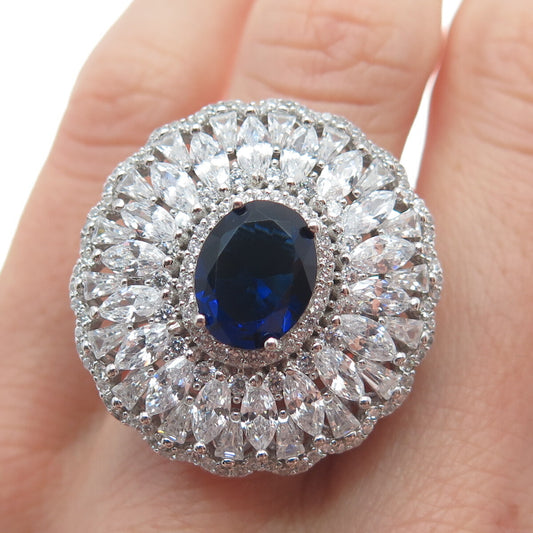 DSMK 925 Sterling Silver White & Blue Multi-C Z Cluster Statement Ring Size 7.25