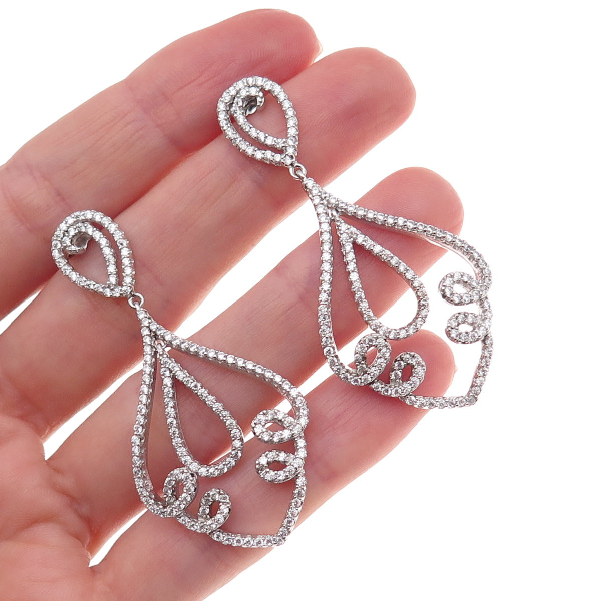 925 Sterling Silver Round-Cut C Z Floral Dangle Earrings
