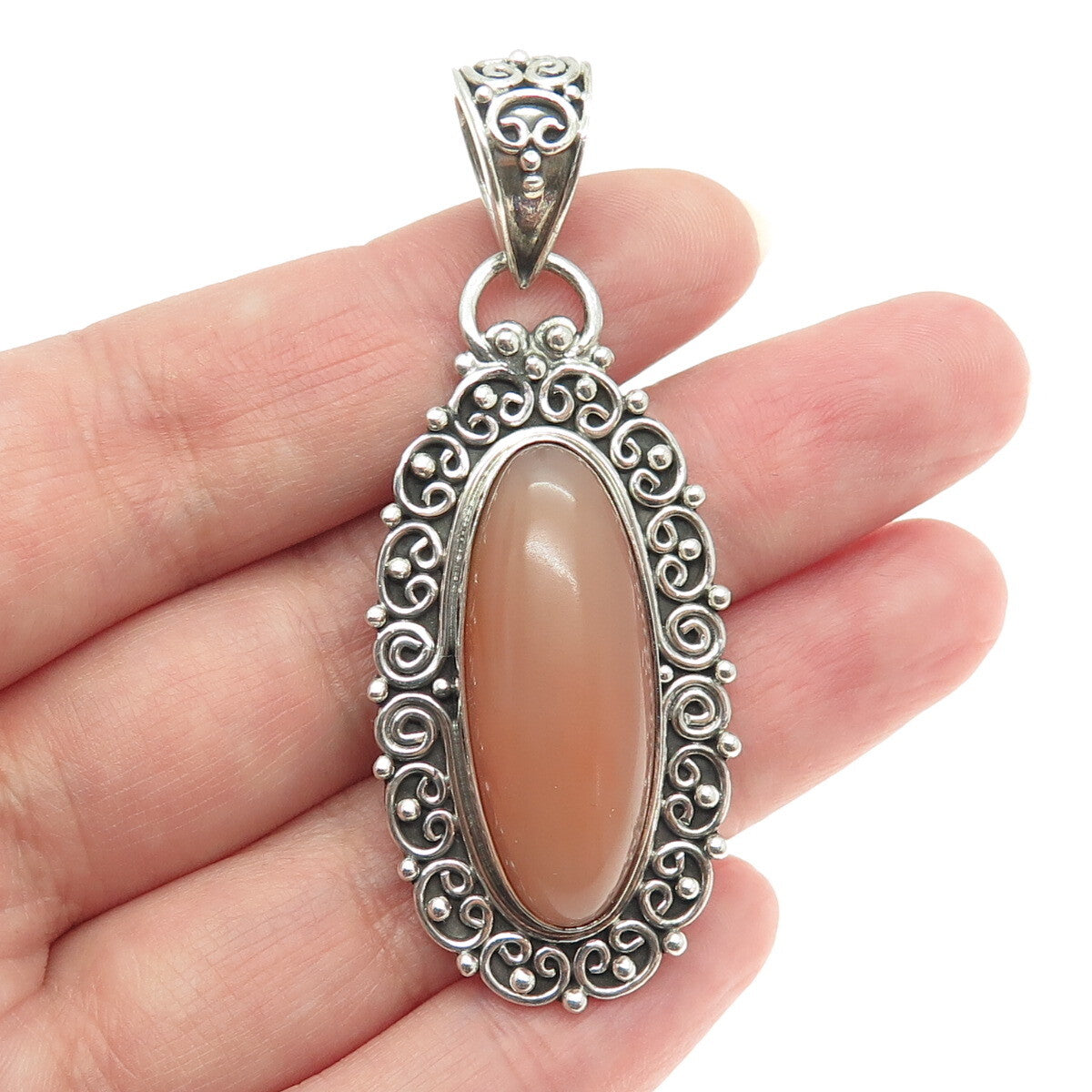 SUARTI BALI 925 Sterling Silver Vintage Peach Carnelian Gem Swirl Frame Pendant
