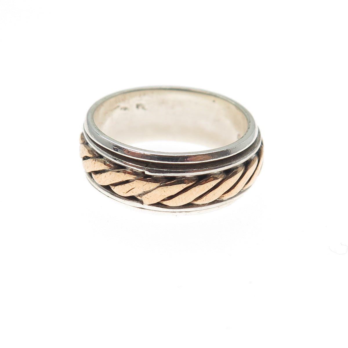 925 Sterling Silver 2-Tone Vintage Ribbed Rotating Band Ring Size 6.5