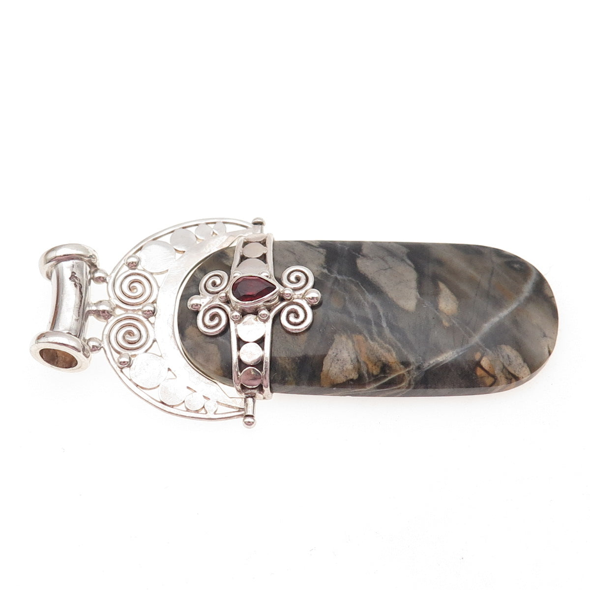 SAJEN 925 Sterling Silver Vintage Real Jasper & Red Garnet Modernist Pendant