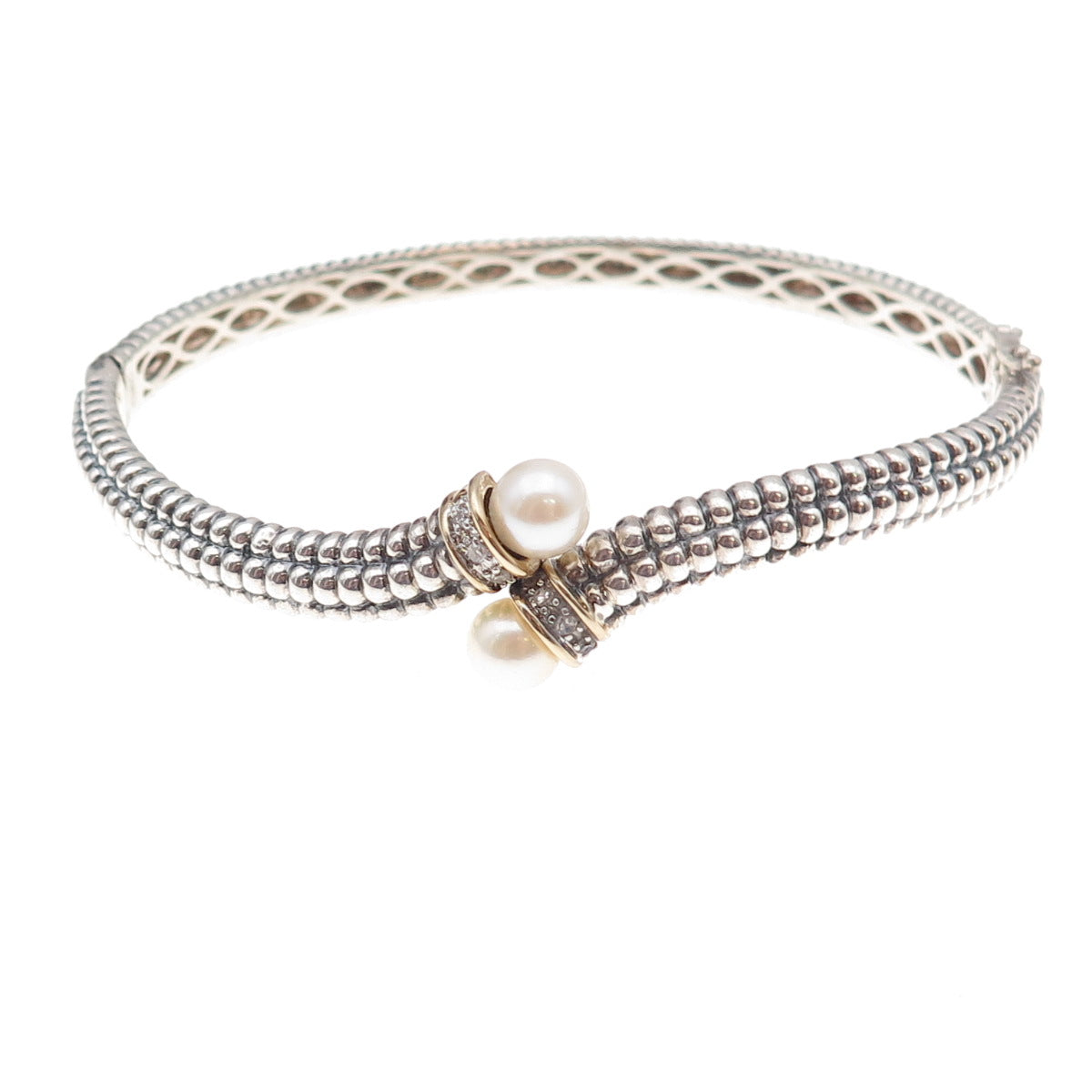 Town & Country 925 Sterling 14K Gold Real Diamond & Pearl Bangle Bracelet 6.75"