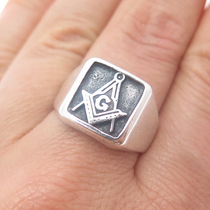 925 Sterling Silver Vintage Mexico Masonic Oxidized Signet Ring Size 9