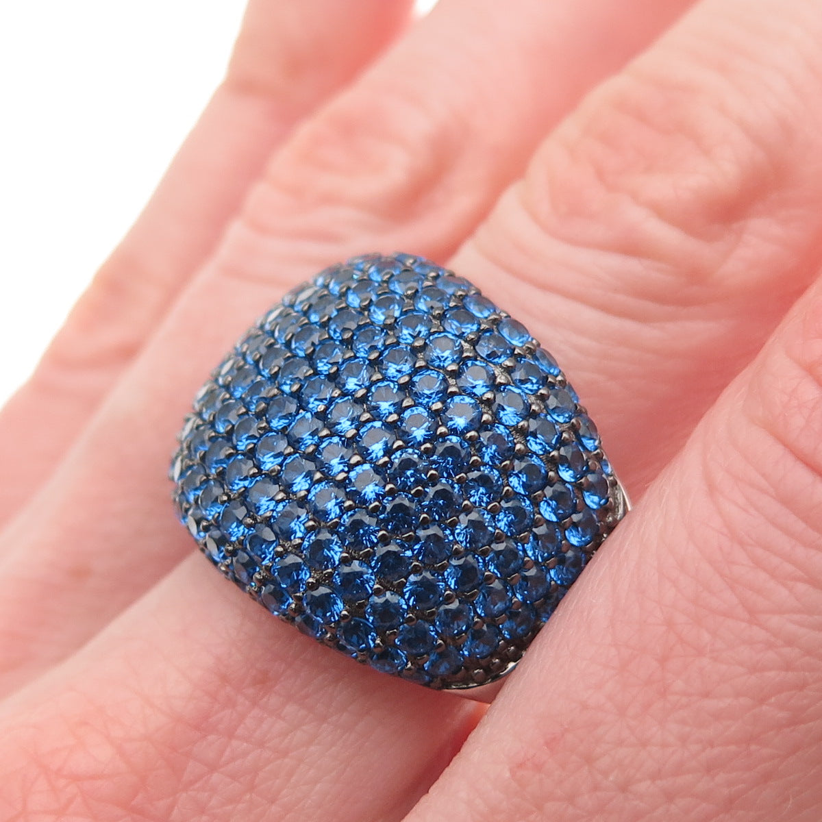 925 Sterling Silver Real Round-Cut Blue Topaz Dome Ring Size 10