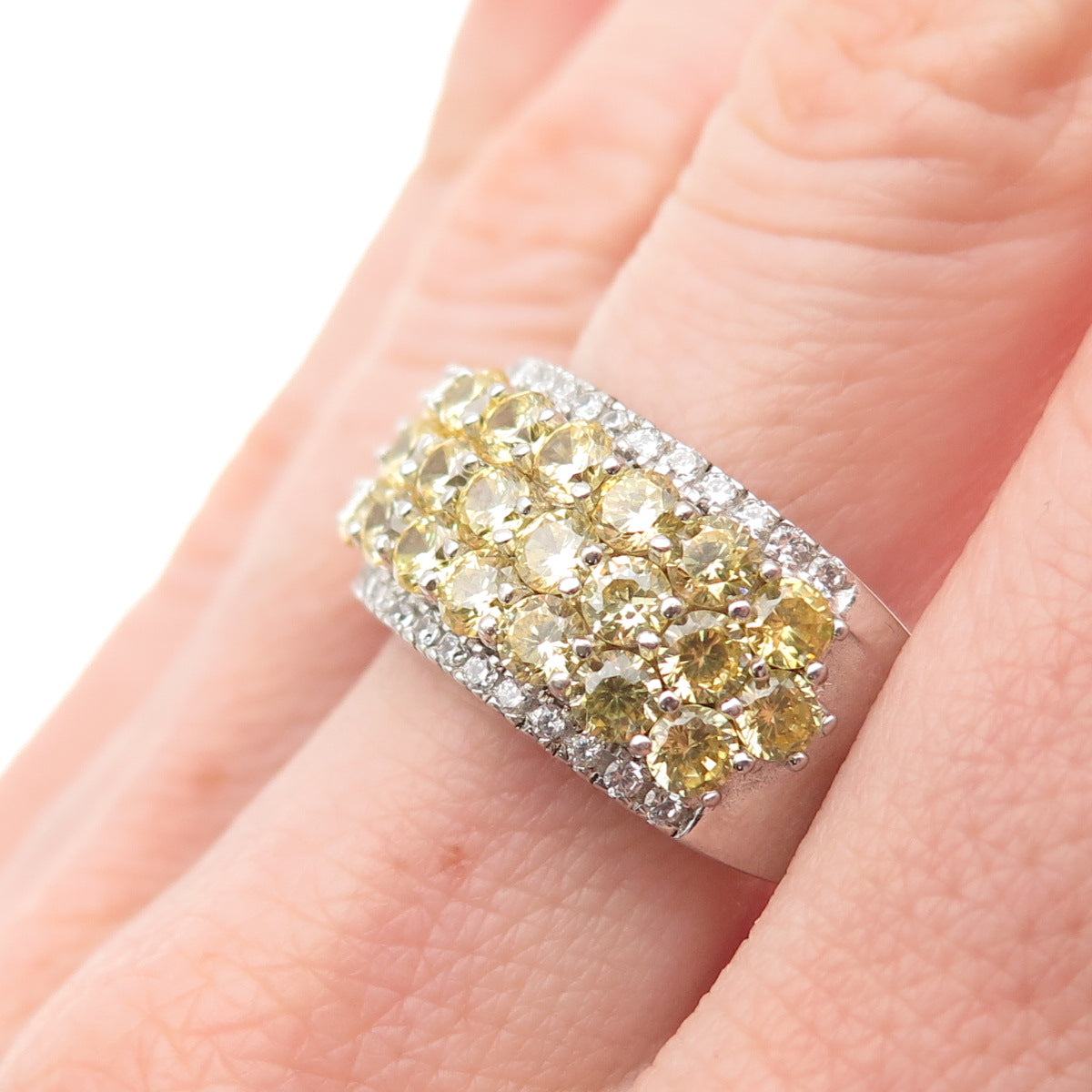 925 Sterling Silver Round-Cut Canary & White C Z Ring Size 9