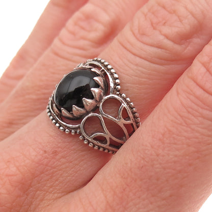 925 Sterling Silver Vintage Real Black Onyx Heart Oxidized Ring Size 6