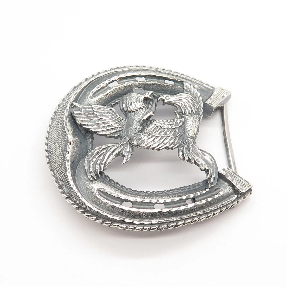 925 Sterling Silver Vintage Mexico Plata Horseshoe & Phoenix Birds Pin Brooch