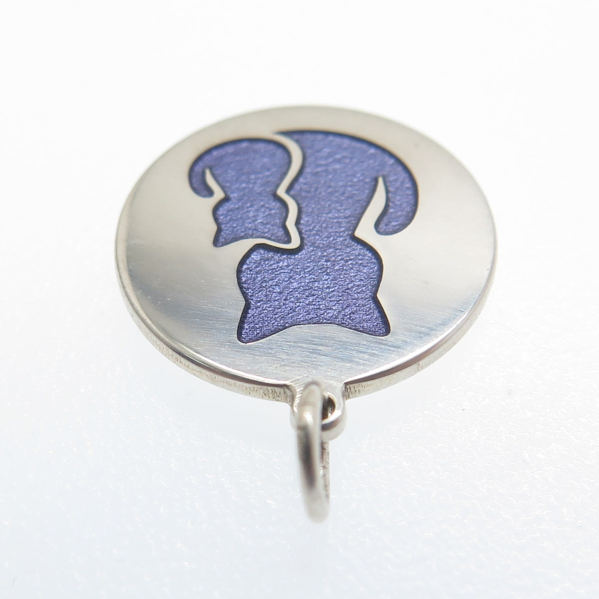 925 Sterling Silver Purple Enamel Cat Couple Round Tag Minimalist Charm Pendant