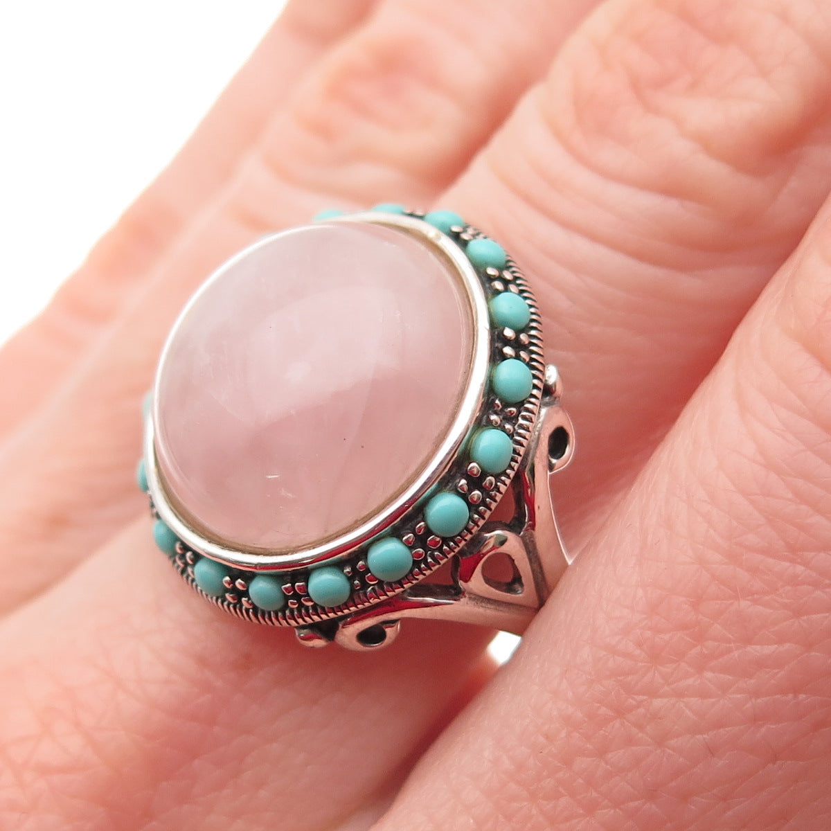925 Sterling Silver Vintage Real Rose Quartz Turquoise Modernist Ring Size 7.75