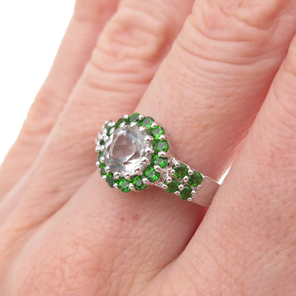 925 Sterling Silver Real Aquamarine & Chrome Diopside Ring Size 8