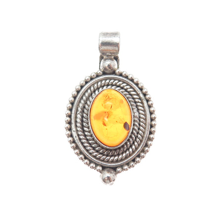 925 Sterling Silver Vintage Real Amber Beaded Oxidized Charm Pendant