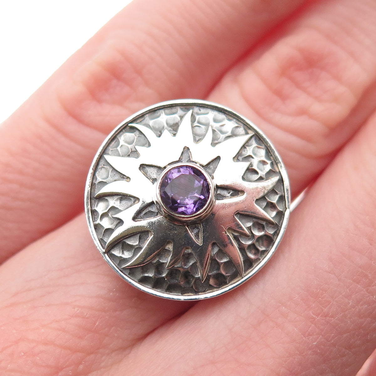 925 Sterling Silver Vintage Real Amethyst Modernist Sun Oxidized Ring Size 6