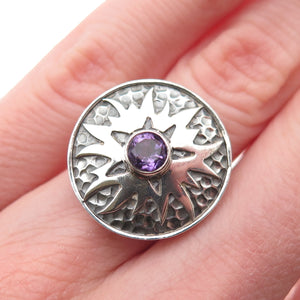925 Sterling Silver Vintage Real Amethyst Modernist Sun Oxidized Ring Size 6