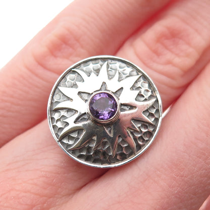 925 Sterling Silver Vintage Real Amethyst Modernist Sun Oxidized Ring Size 6