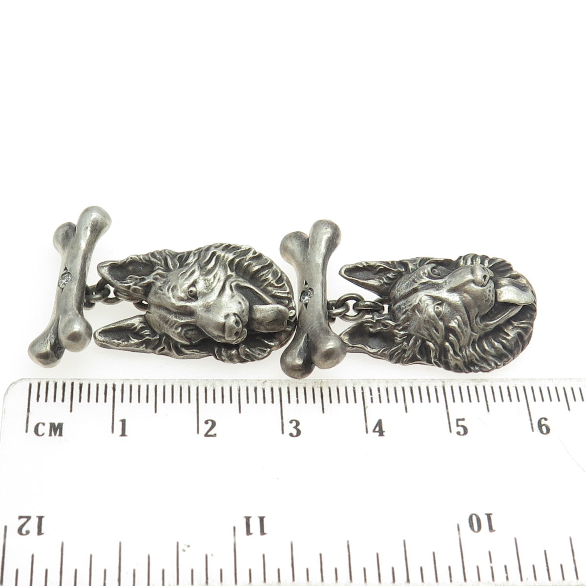 925 Sterling Silver Vintage Real Round-Cut Diamond K9 German Shepherd Cufflinks