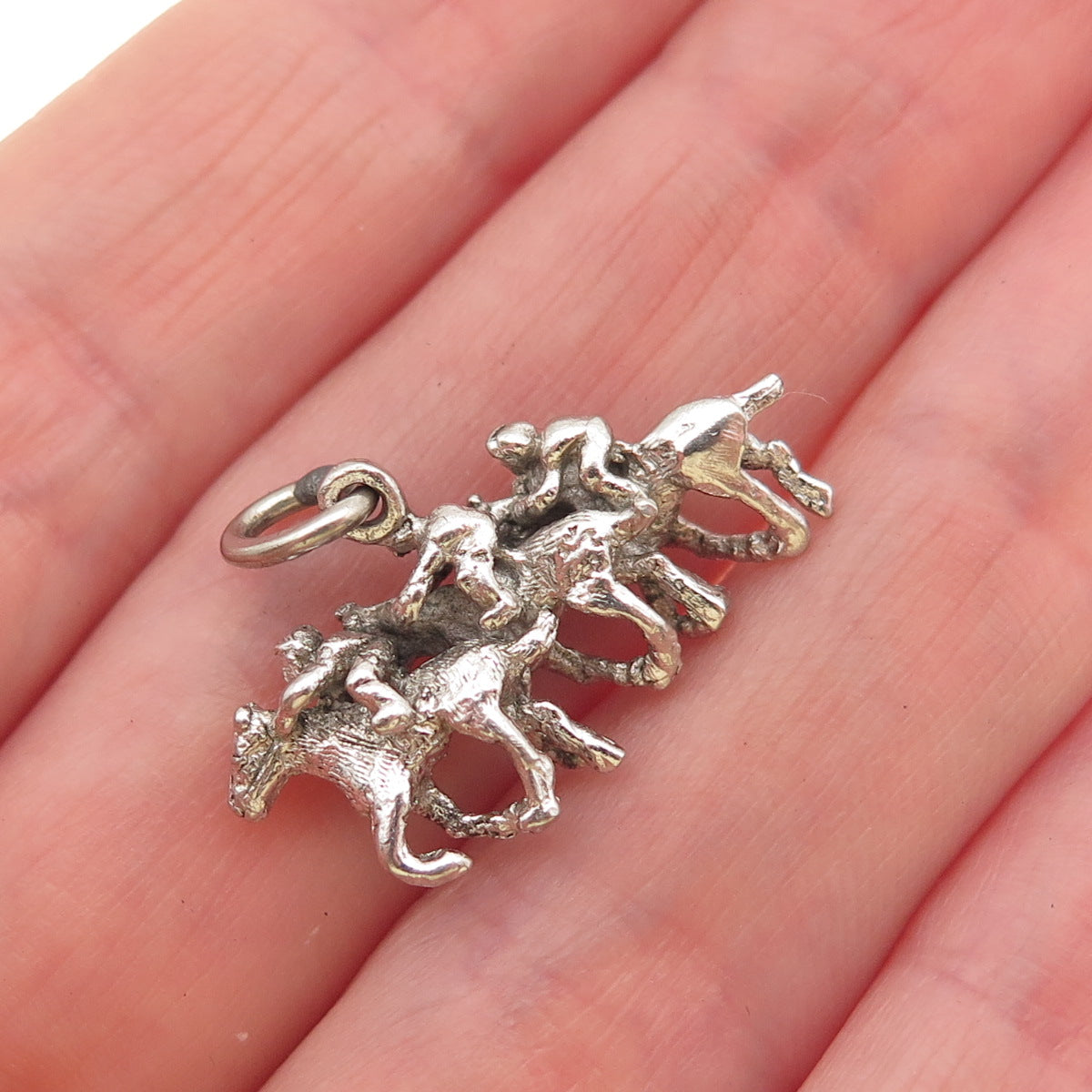 925 Sterling Silver Vintage Horse Racing Oxidized 3D Mini Charm Pendant