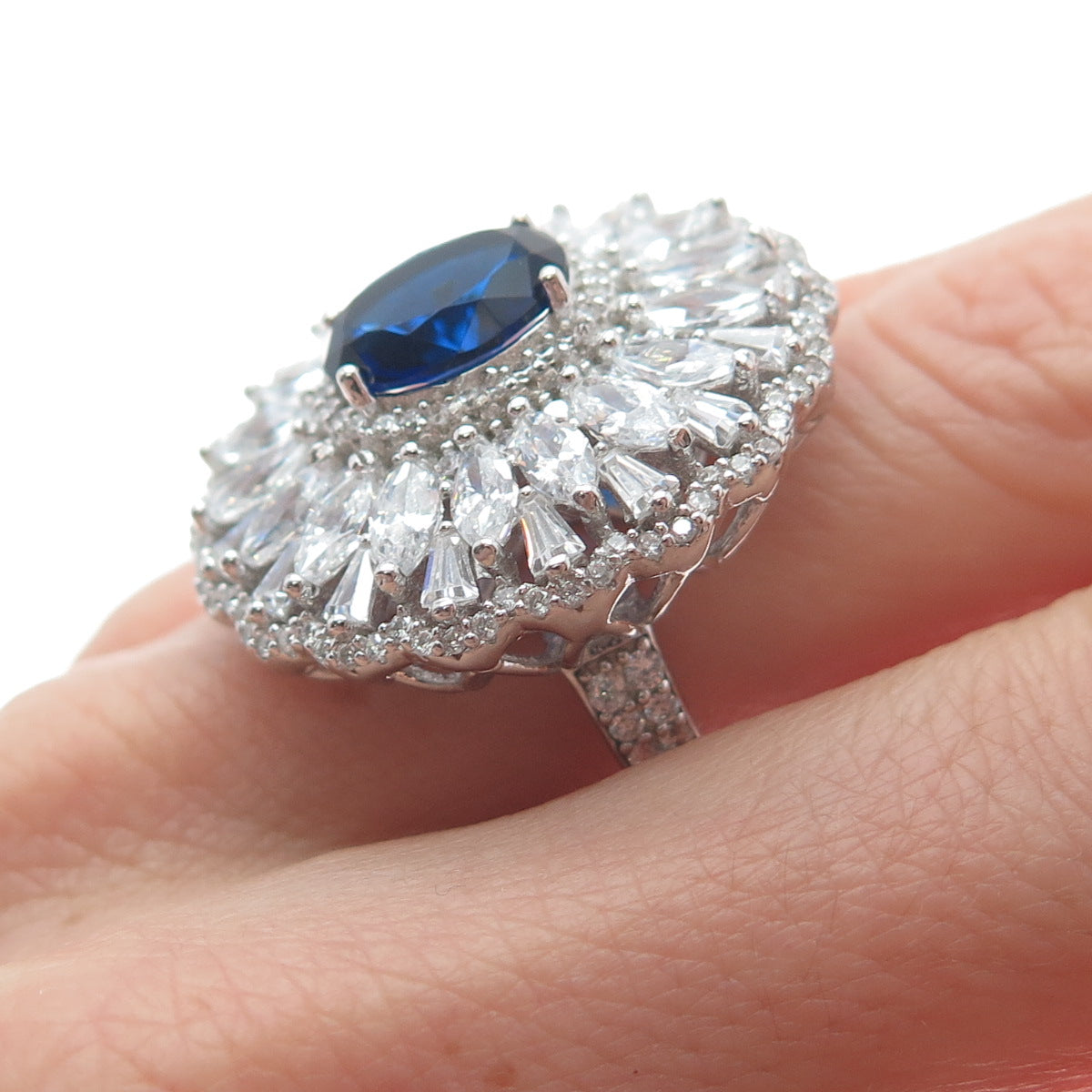 DSMK 925 Sterling Silver White & Blue Multi-C Z Cluster Statement Ring Size 7.25