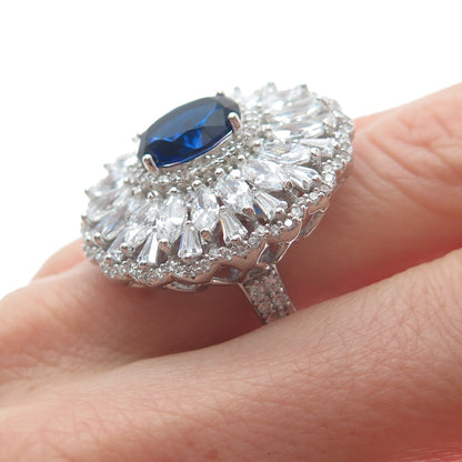 DSMK 925 Sterling Silver White & Blue Multi-C Z Cluster Statement Ring Size 7.25