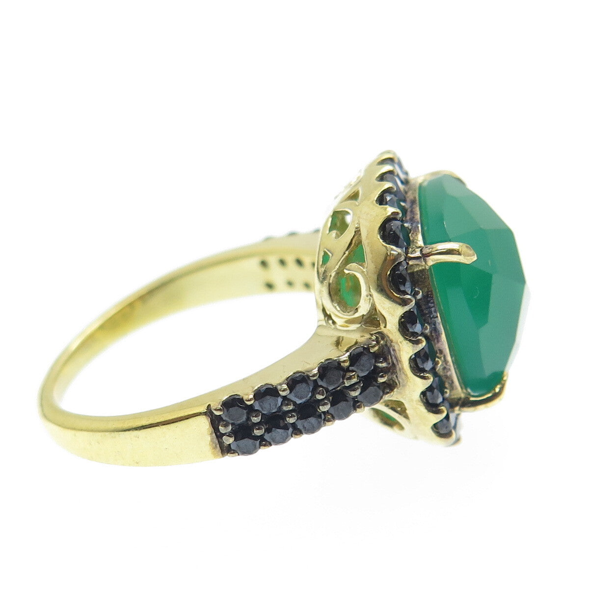 925 Sterling Silver Gold Plated Real Green Onyx & Black Spinel Ring Size 7.25