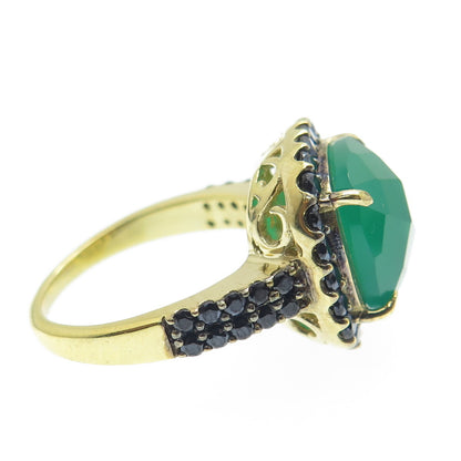925 Sterling Silver Gold Plated Real Green Onyx & Black Spinel Ring Size 7.25