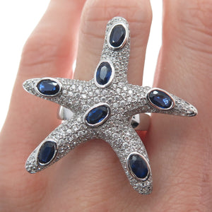 DSMK 925 Sterling Silver Real Sapphire & White Topaz Starfish Ring Size 7.25
